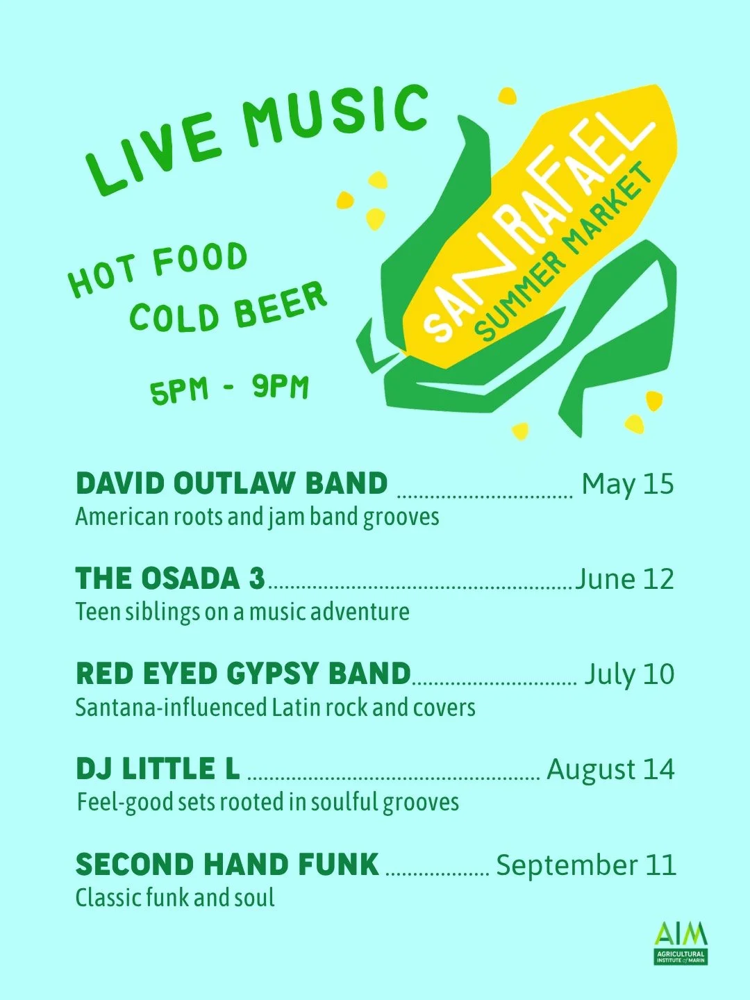 Announcing our 2026 San Rafael Summer Market entertainment lineup!

Pack your picnic blanket for lounging and your dancing shoes grooving. Join us downtown next week for the sweet sounds of summer!