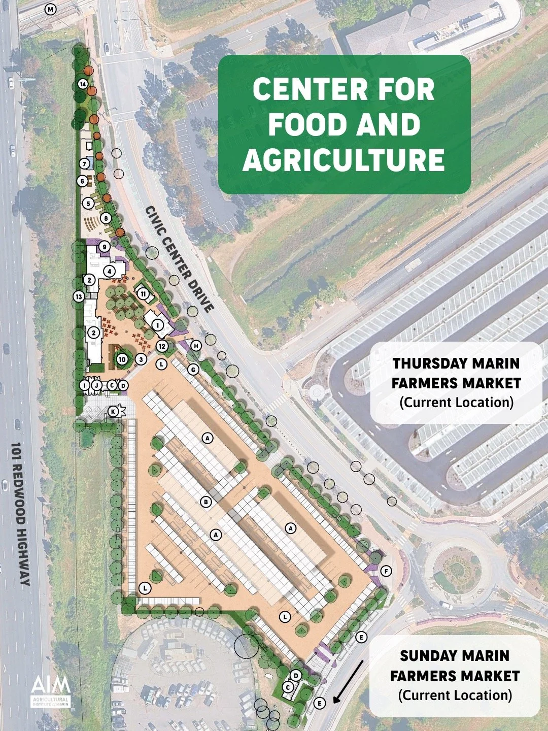 Swipe to see all of the features coming to AIM's Center for Food and Agriculture.

The former Christmas tree lot/current overflow parking for the Thursday Marin Market will be the new home for both of the Marin Farmers Markets. Permanent shade struct