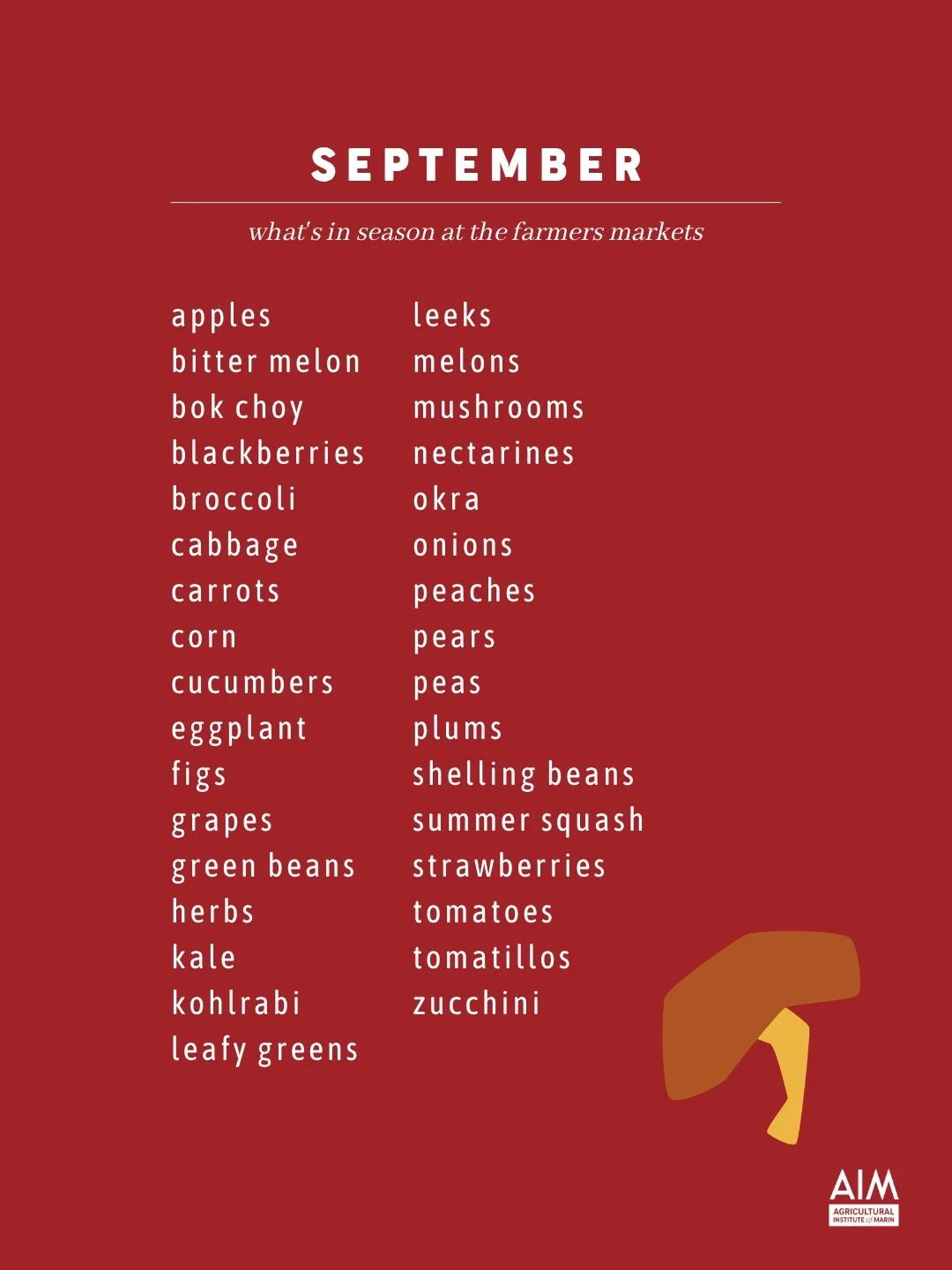 September: welcome to shoulder season! It's definitely still summer, but the seasonal shift is on the horizon. Fill your basket with all the peaches and tomatoes while you still can! #eattheseasons #californiaag #farmersmarkets #seasonaleating #whats