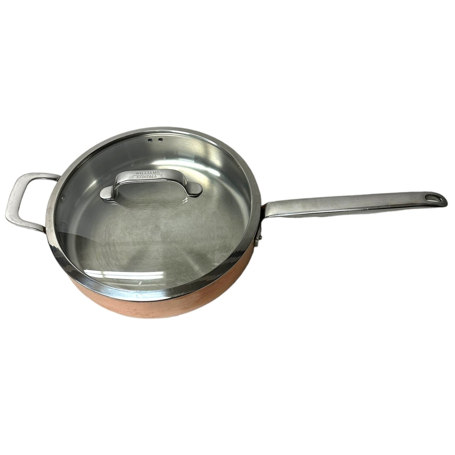 SPLAYED SAUTE PAN IN COPPER TIN EXTRA THICK WITH BRONZE HANDLE