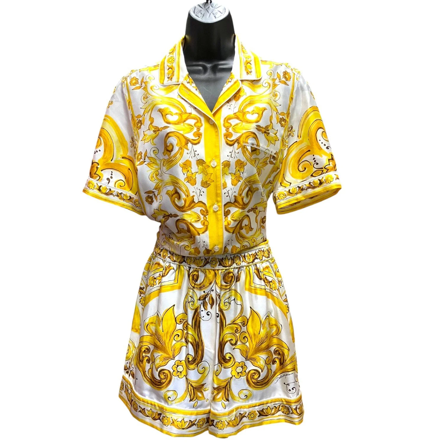 Dolce & Gabbana Majolica Print Silk 3-Piece Set, Yellow, Size 40