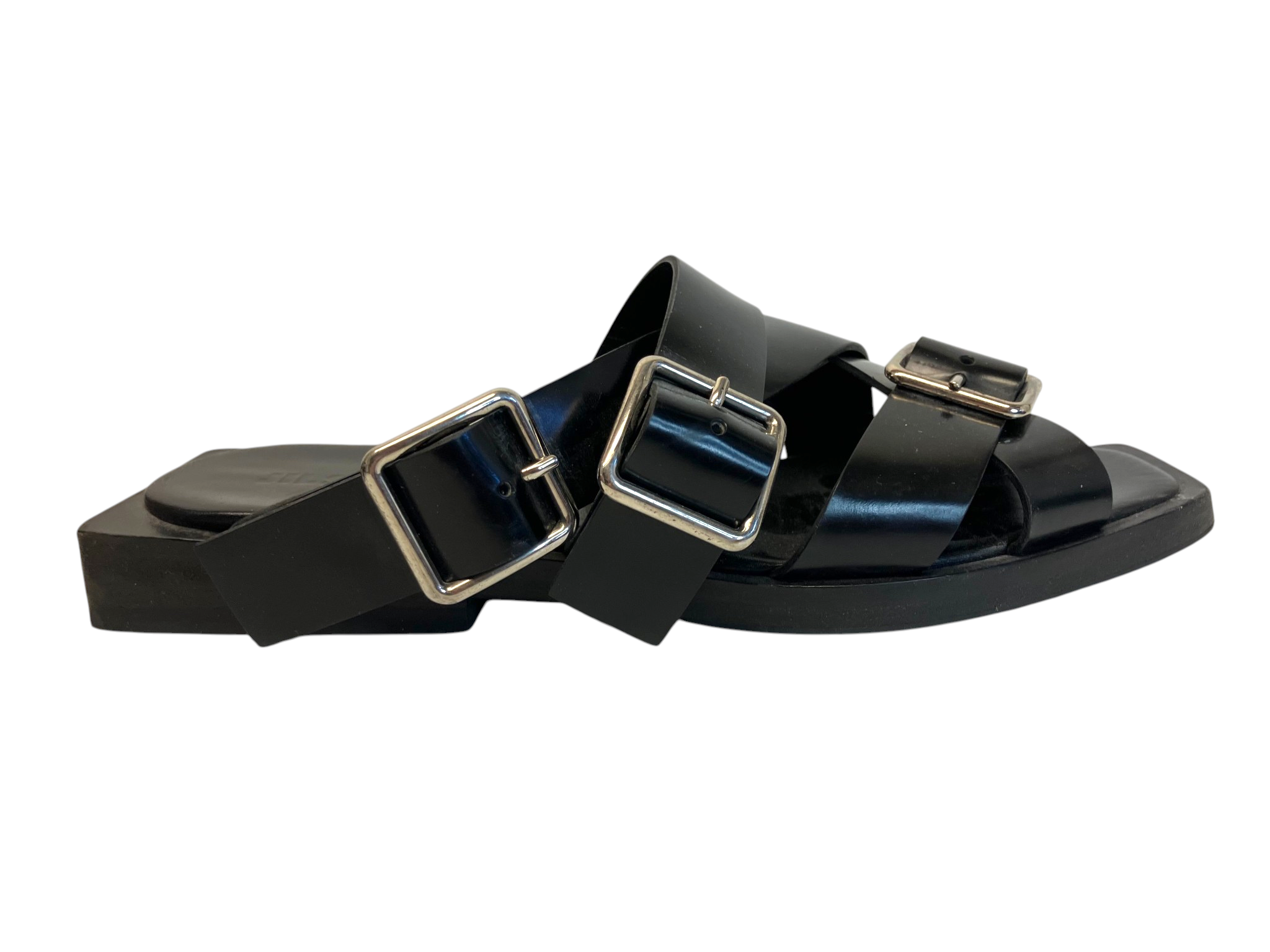 ジルサンダー　37 Jil Sander Black Leather Double-Strap Buckle Sandals, Size 37 (US