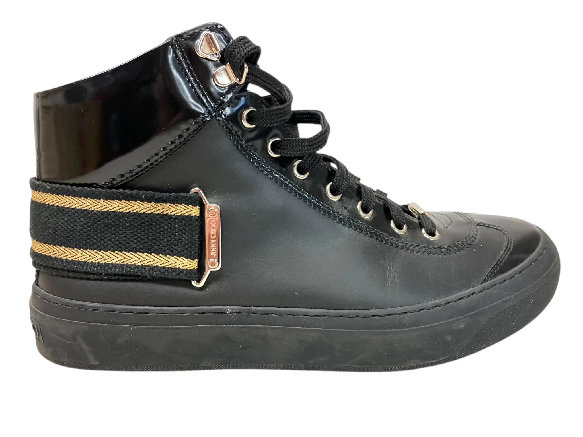 9 サムバイミー Jimmy Choo Argyle Strap Trainer Leather Sneakers, Black, Men's
