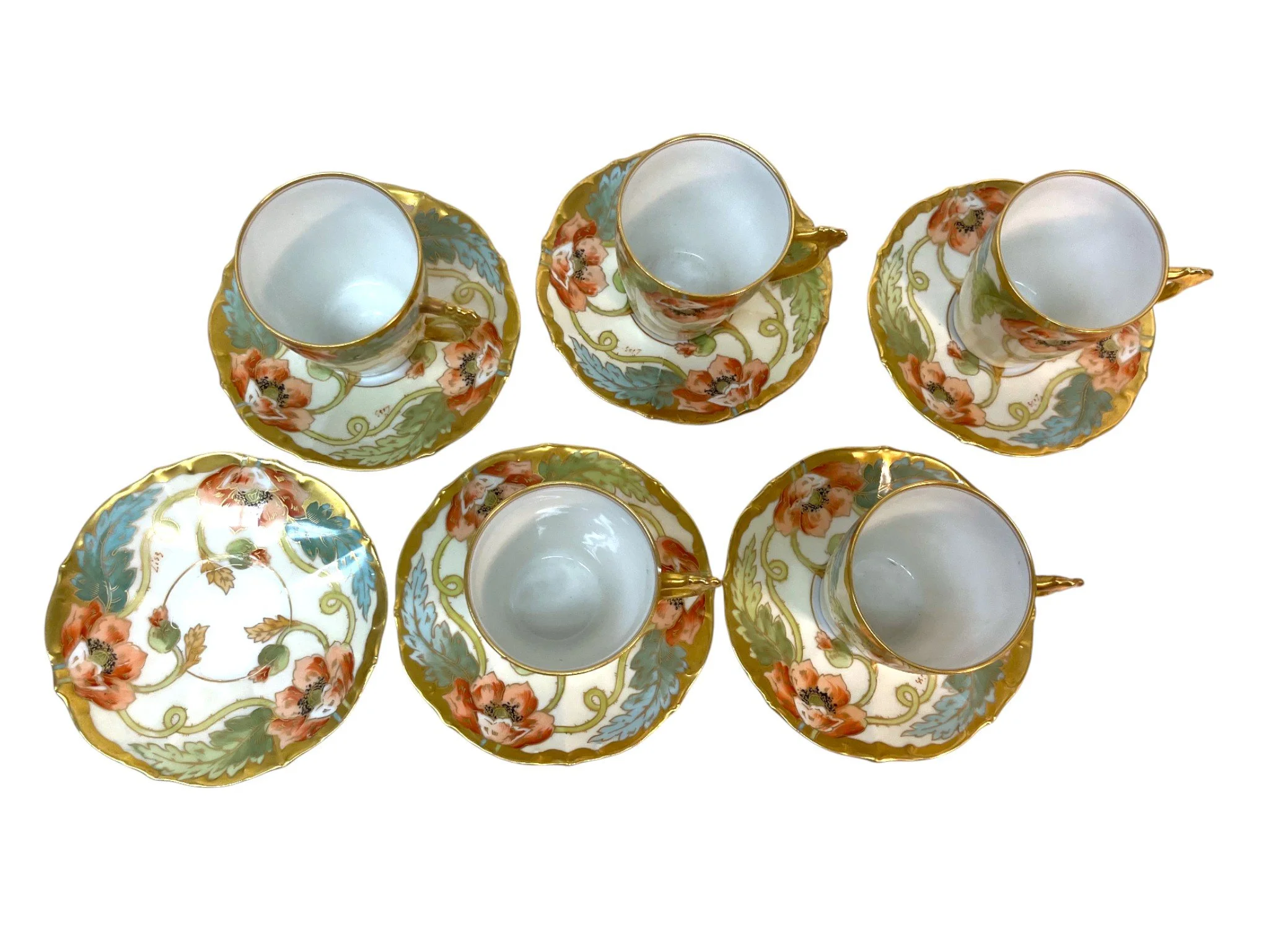 Limoges Set of Tea Cups & Saucers, Hand Painted Poppies — Mercer