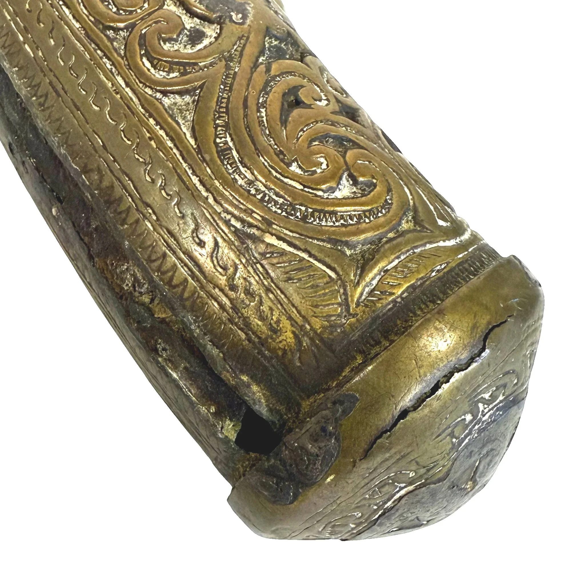 19th Century Moroccan Brass Powder Horn Flask, Islamic Arabesque