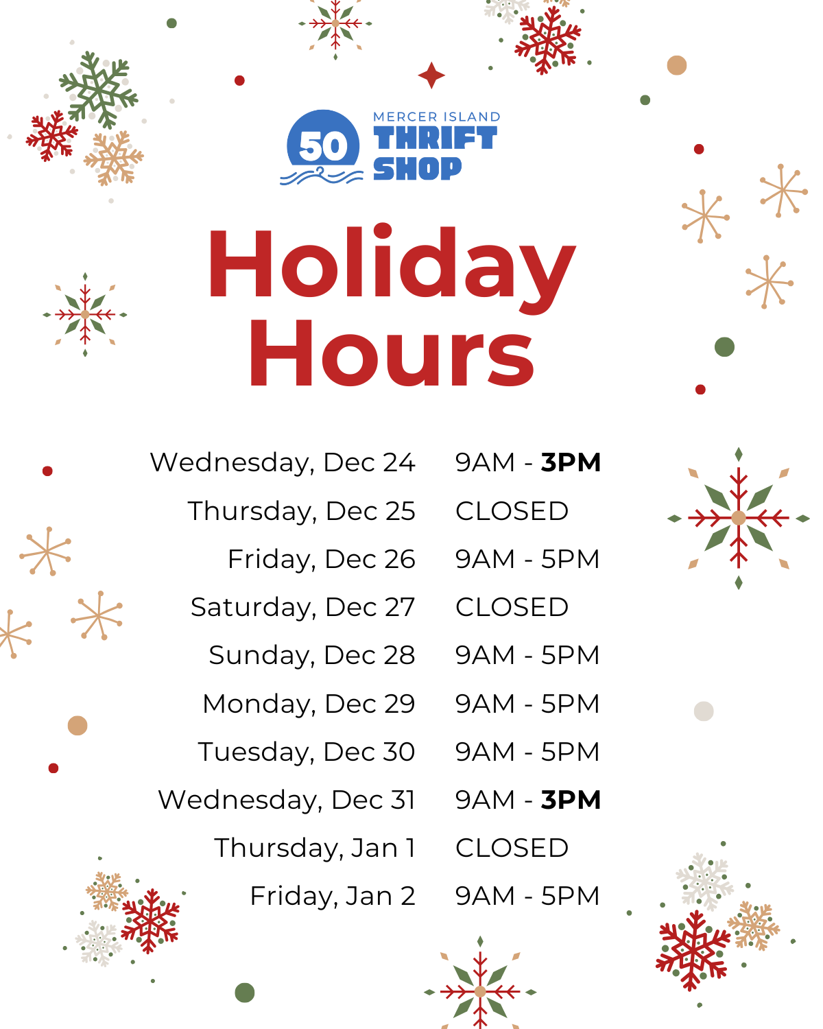 Holiday Shopping Hours — Mercer Island Thrift Shop