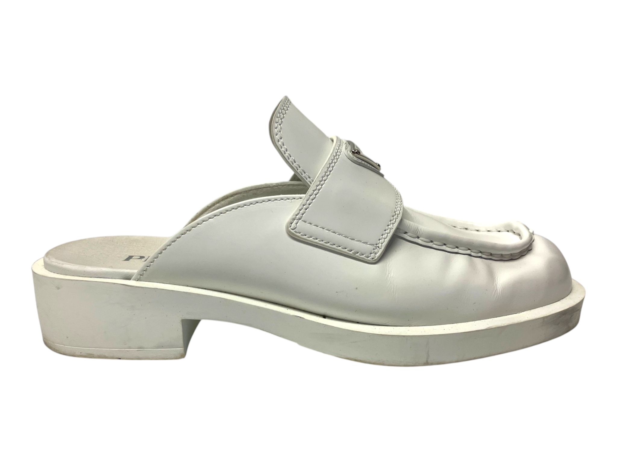 Prada Leather Logo Mule Loafers, White, Size 38 (US 7.5) — Mercer