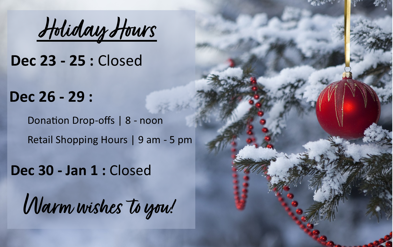 Holiday Hours — Mercer Island Thrift Shop