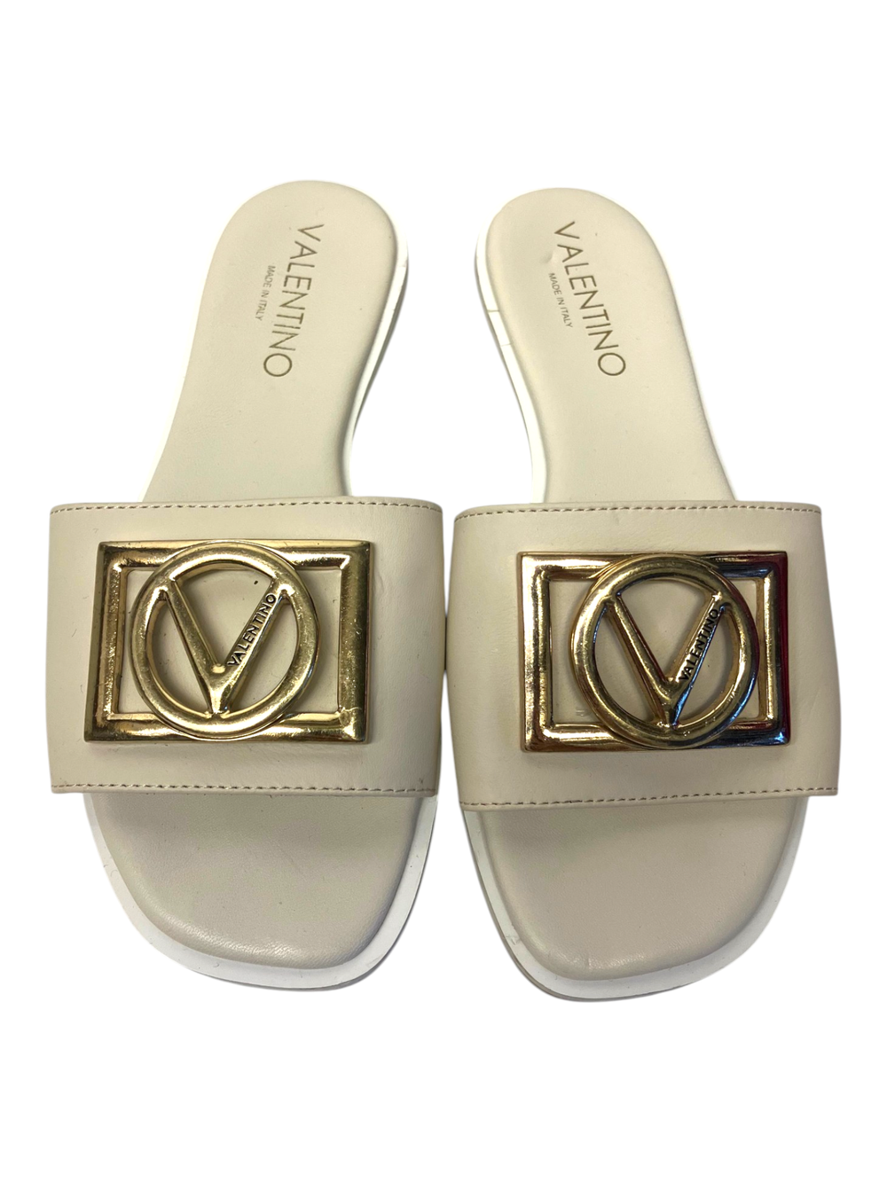Valentino by Mario Valentino Mia VLOGO Slide Sandal, Cream/Gold