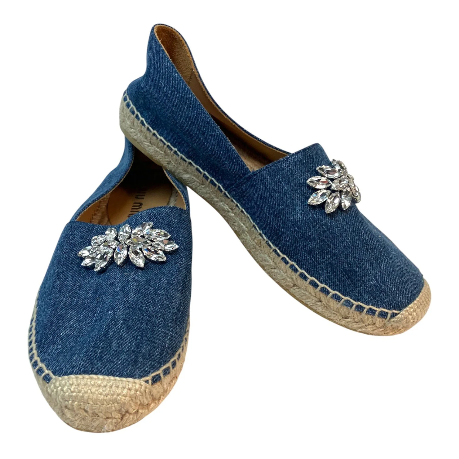 miu miu ネイビー フラットシューズ　ビジュー MIU MIU Blue Denim Crystal Embellished Espadrilles Flats, Women's