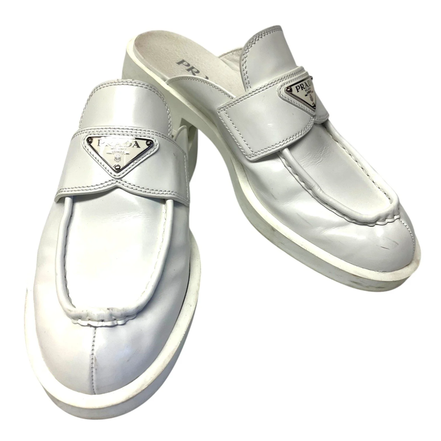 Prada Leather Logo Mule Loafers, White, Size 38 (US 7.5) — Mercer