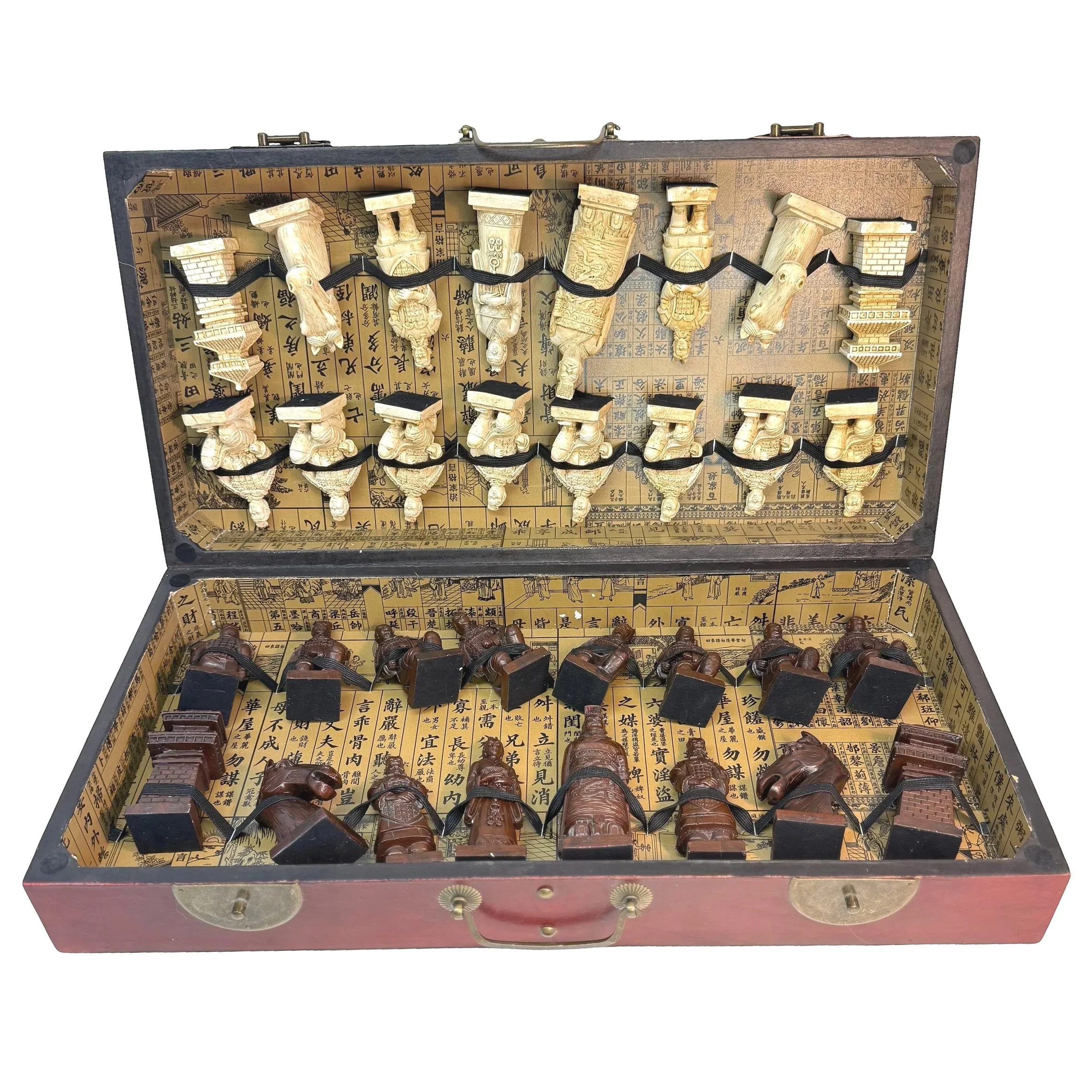 Vintage Chinese Terracotta Warriors Solid Wood Chess Set with