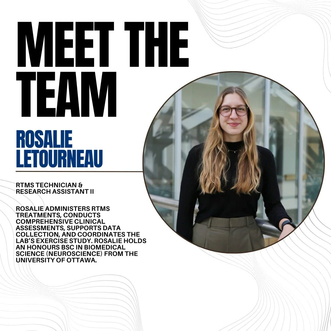 ✨ Meet the Team Thursday: Rosalie ✨

Rosalie joined our rTMS Neuromodulation Research Clinic in 2024. She holds an Honours BSc in Biomedical Science (Neuroscience) from the University of Ottawa, where she completed an EEG-based honours project on neu