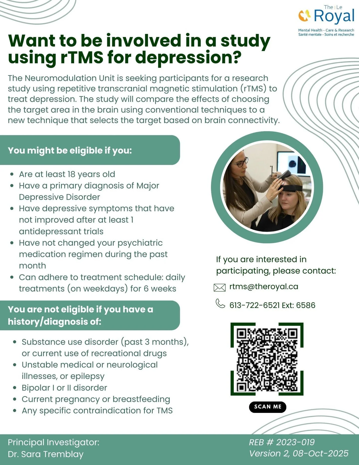 🧠 Want to be involved in an rTMS research study for depression?
Our Neuromodulation Unit is recruiting participants for a study comparing standard and connectivity-guided rTMS treatment approaches.

📲 Check the poster for eligibility details and co