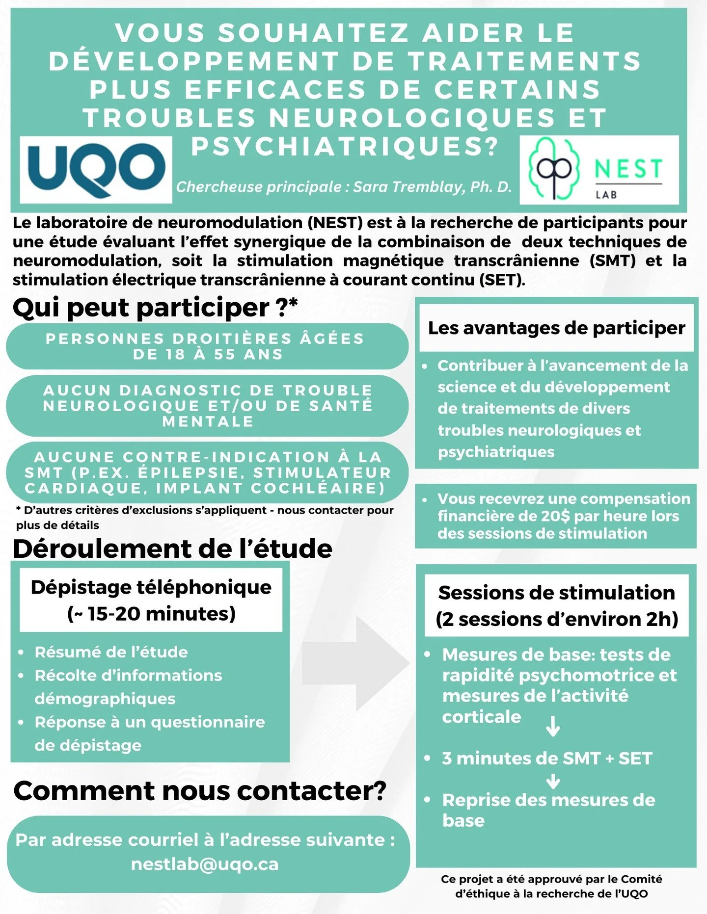 Interested in brain research? 🧠
We&rsquo;re recruiting for a TMS study at UQO &mdash; see flyer for info!

#rtms #neuromodulation #research #researchstudy