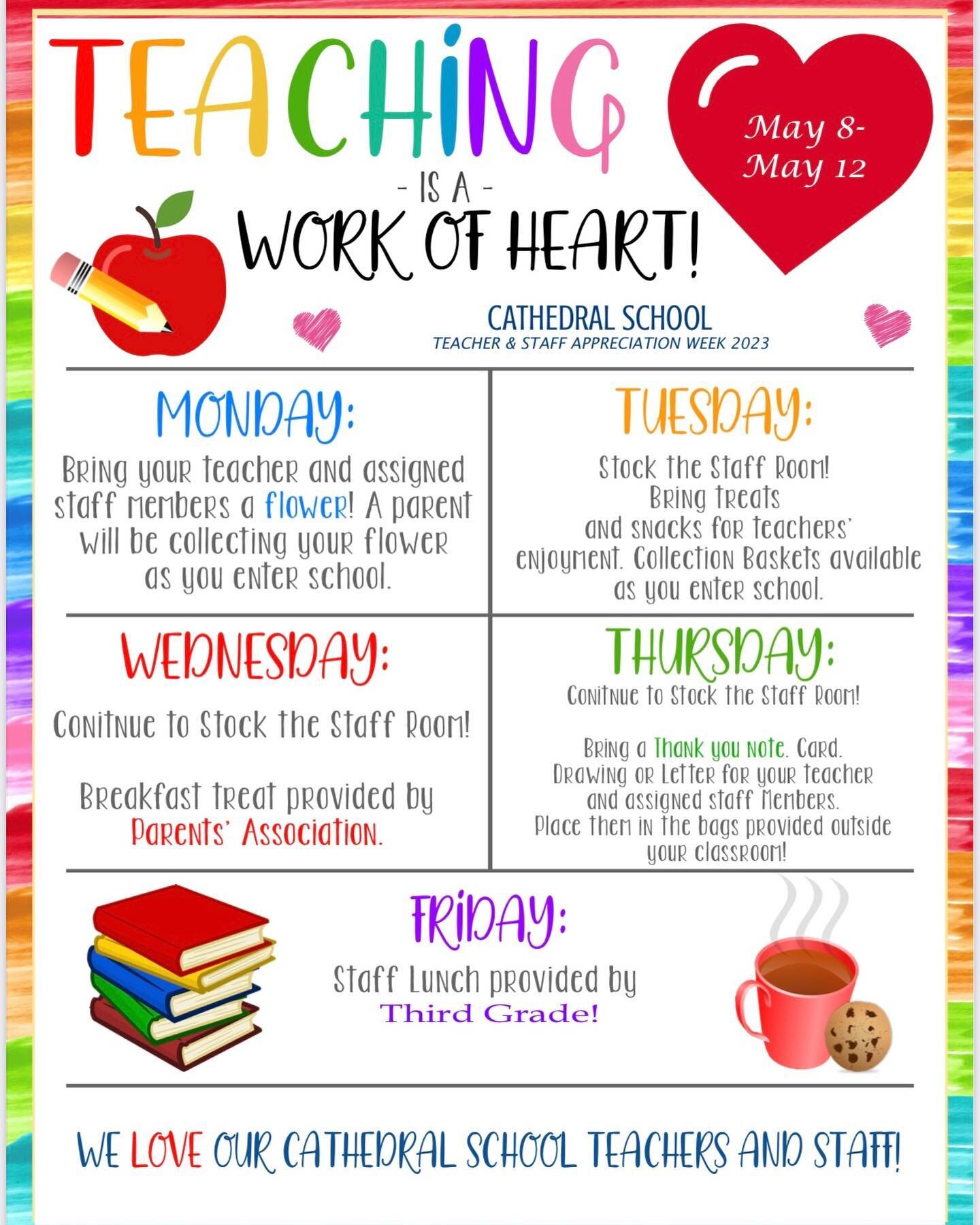 Teacher &amp; Staff Appreciation Week! ❤️🍎💐

Thank you for all you do to make Cathedral School such a special place. 

#cathedralschool #catholicschool #elementaryschool #middleschool #teacherappreciationweek