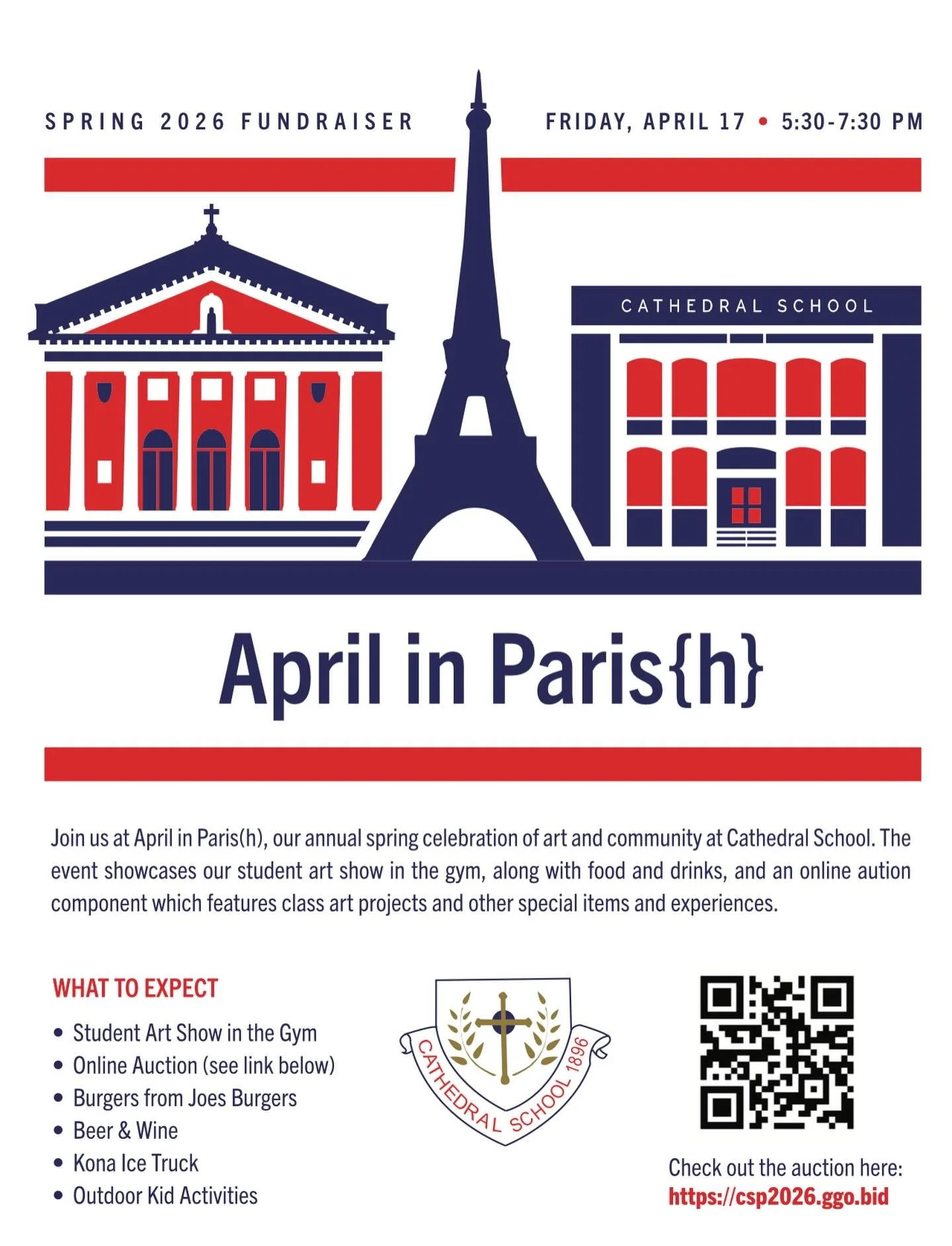 ✨ Join us at April in Paris(h) our annual celebration of student art and community on 4/17 at 5:30 pm. 

It&rsquo;s a night you won&rsquo;t want to miss:
&bull; Beautiful student artwork
&bull; Delicious food and lovely community
&bull; Exciting sile