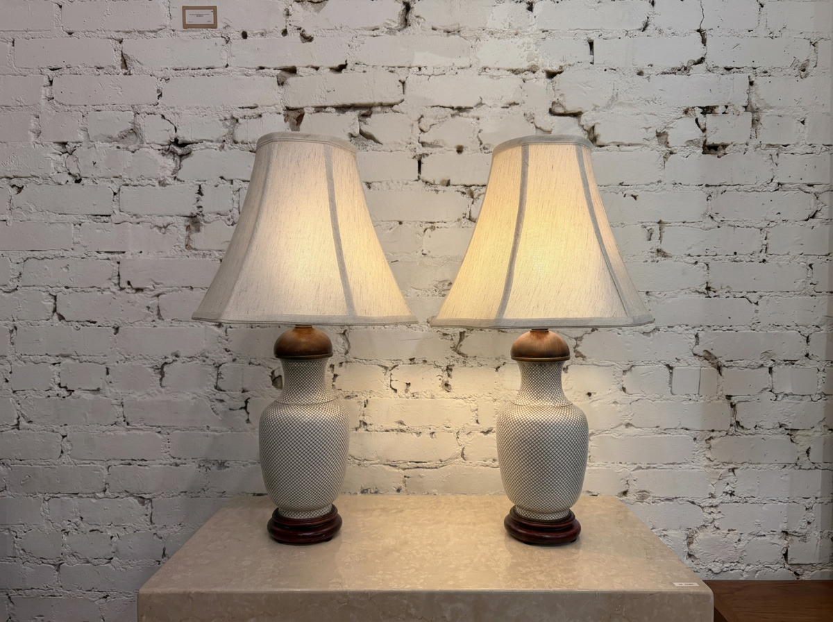 Pair of Vintage Chinese Cloisonne Fish Scale Porcelain Table Lamps with Wood Bases
