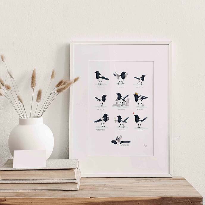 Magpie 'One for Sorrow' Poem Illustrated Print