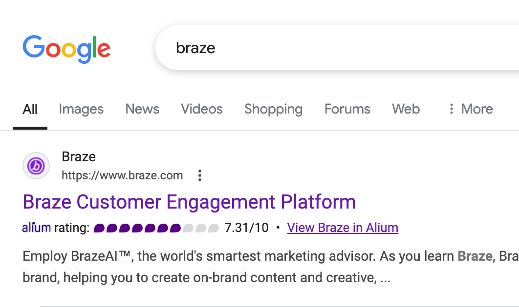 Google Search for Braze shows Alium score in results