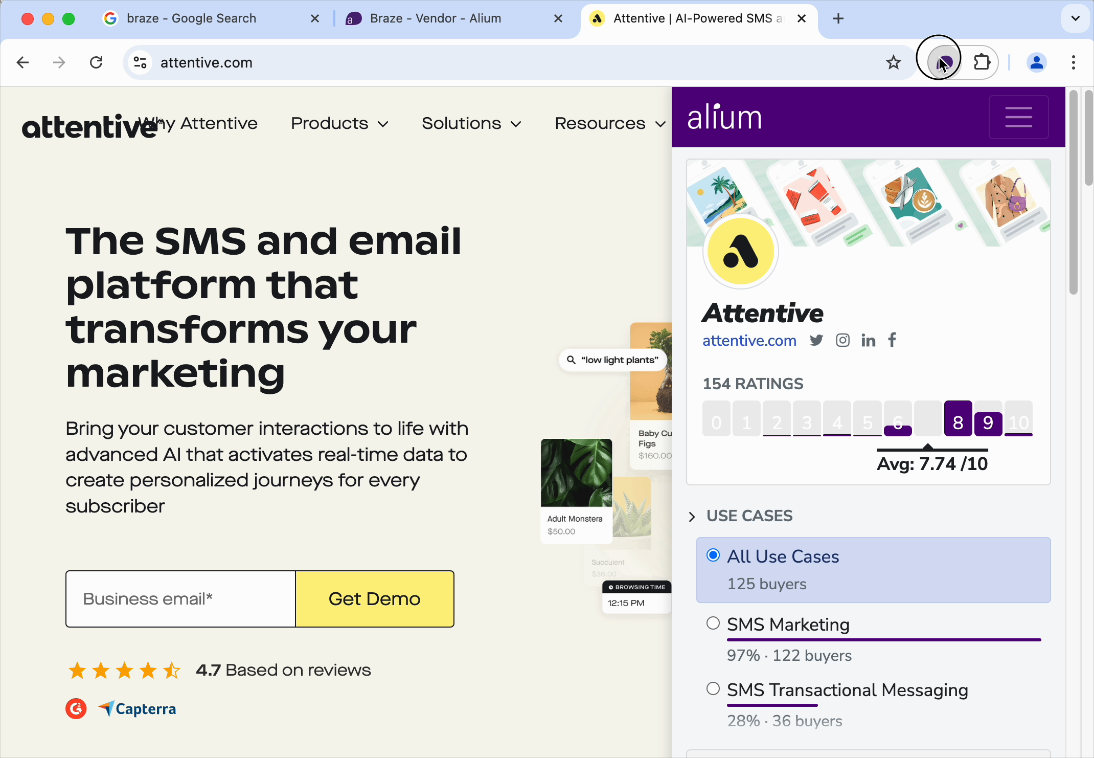 Alium Chrome extension open showing Attentive's vendor profile