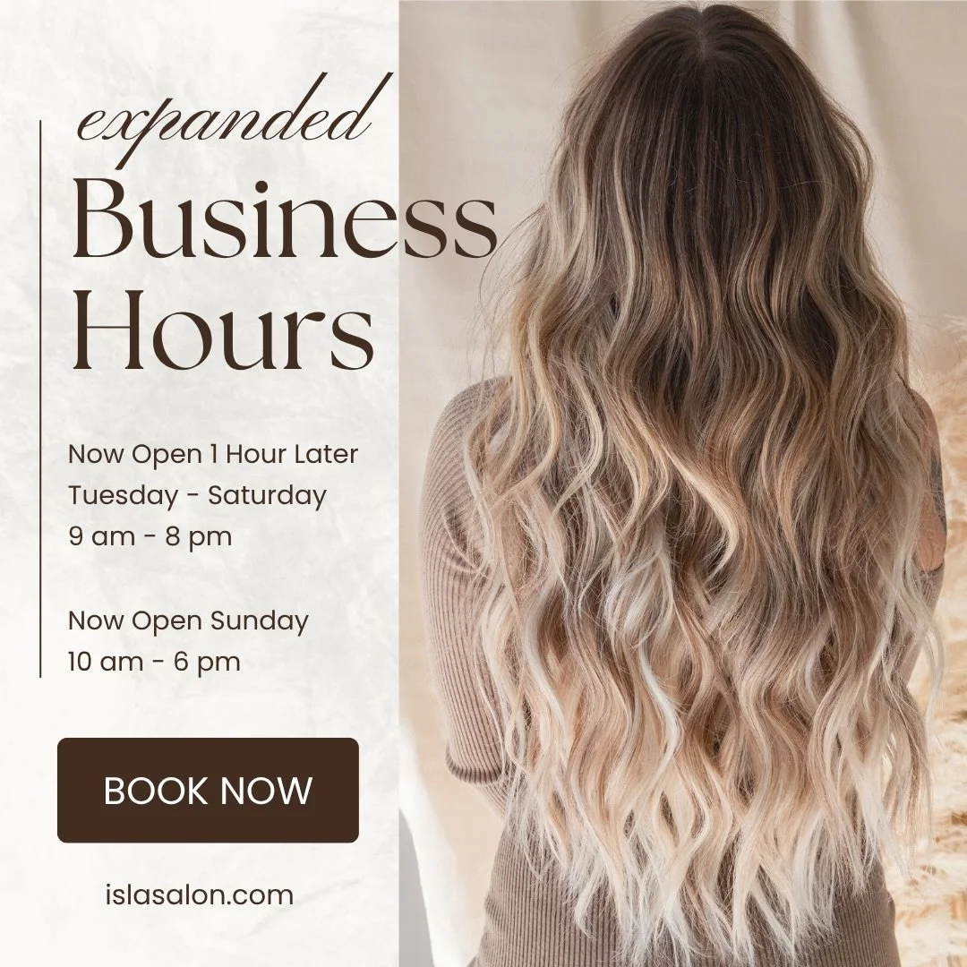 ✨Isla Salon is expanding our hours✨
Now open 1 hour later from 9:00 am to 8:00 pm Tuesday-Saturday &amp; Sunday from 10:00 am to 6:00 pm
Call 303-928-9805 or schedule online at www.islasalon.com
1140 Bannock St. Suite 150 Denver, CO