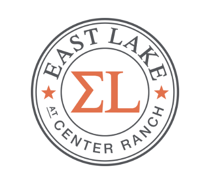 Logo for East Lake Veterinary Hospital at Center Ranch with silhouettes of a large dog, a smaller dog, and a cat in orange.
