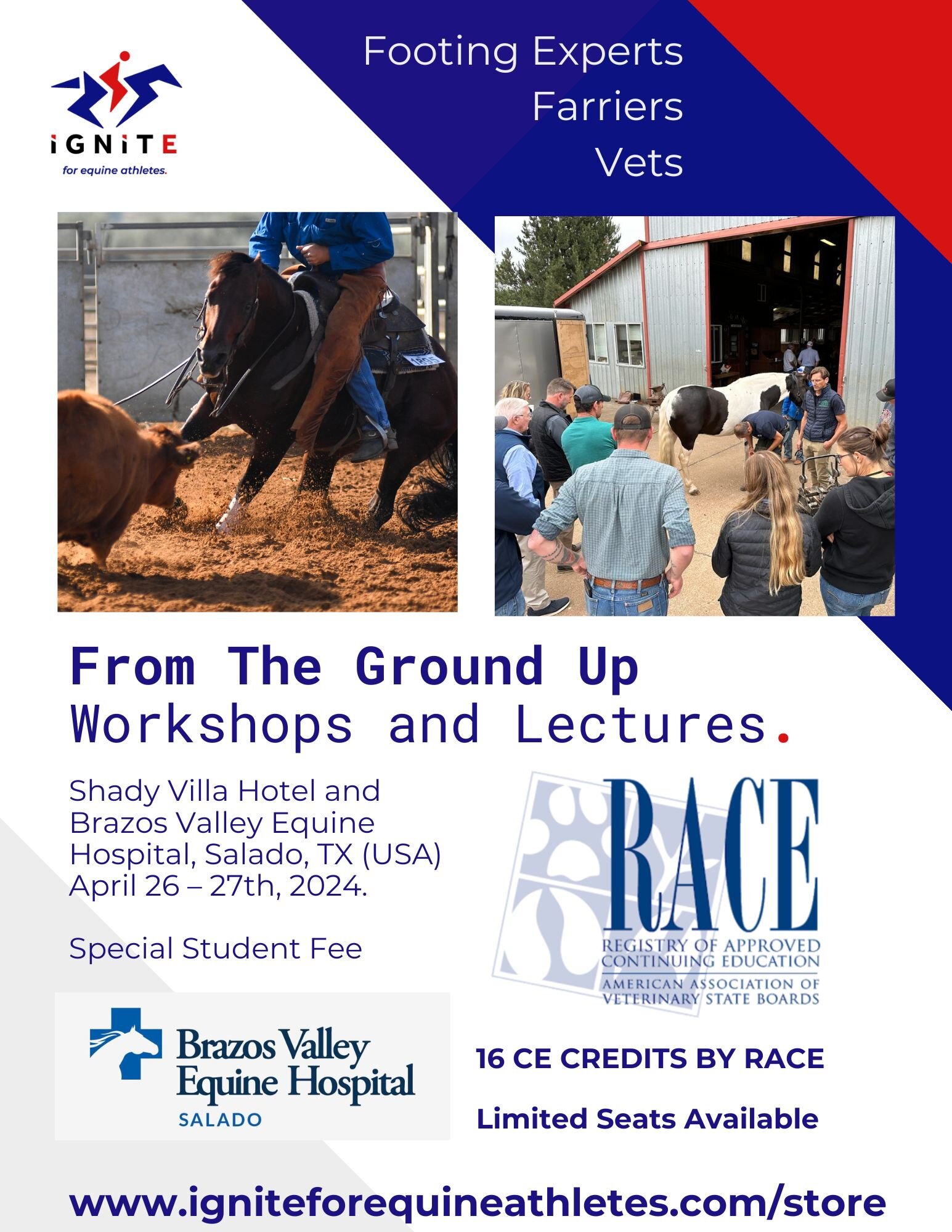 REGISTER NOW! 
April 26-27
16 RACE Approved CE Hours at Brazos Valley Equine Hospitals - Salado!
https://www.igniteforequineathletes.com/store