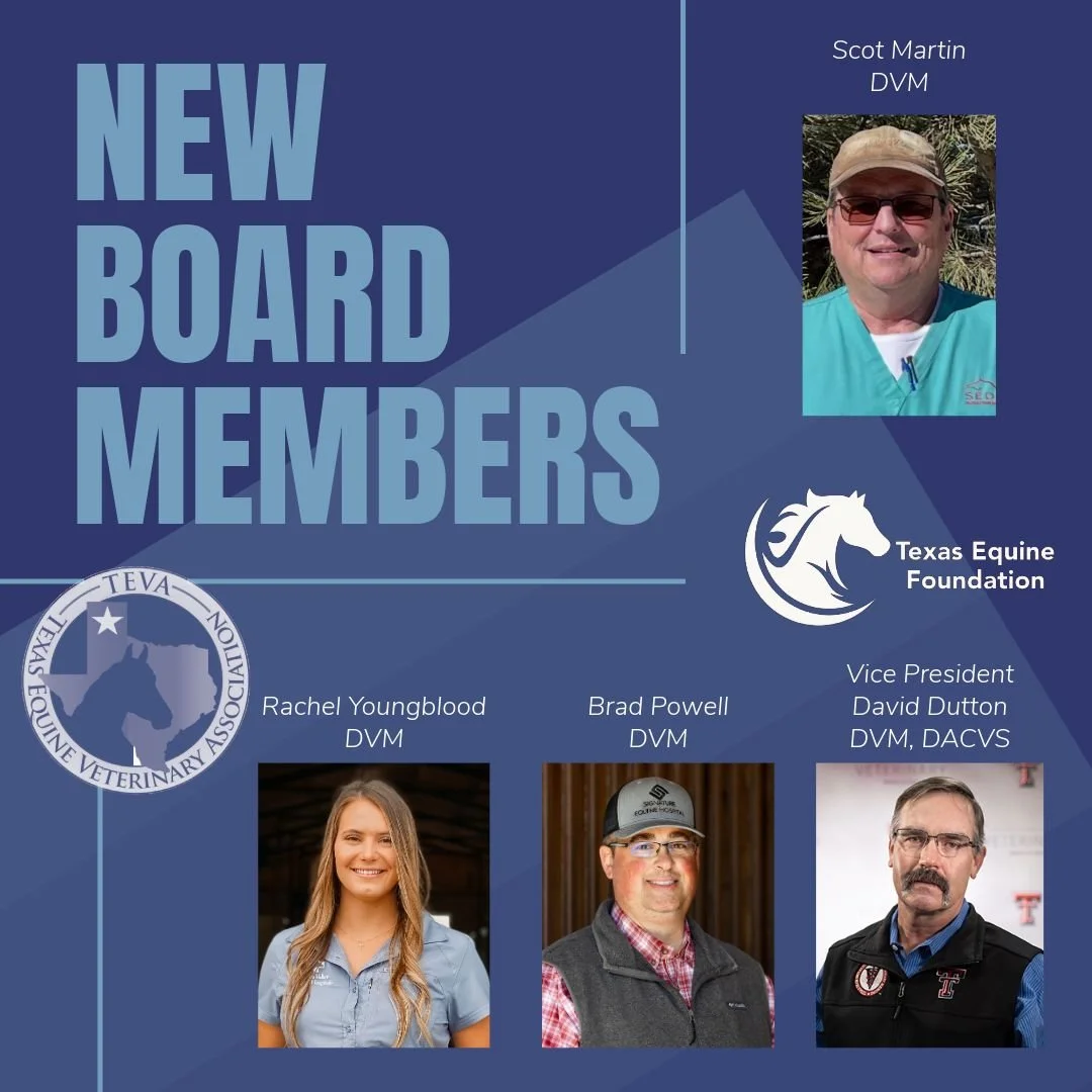 We want to welcome our new TEF and TEVA Board Members!

A BIG thanks to all our Texas Equine Foundation donors&mdash;you&rsquo;re the reason this event is a success! 

Join us for the final day of the Summer Symposium to catch the three part pre-purc