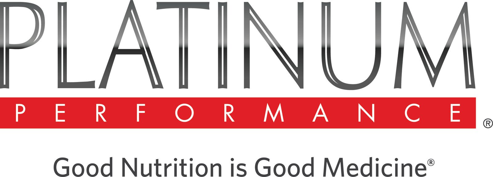 Logo with the words "PLATINUM PERFORMANCE" and the slogan "Good Nutrition is Good Medicine."