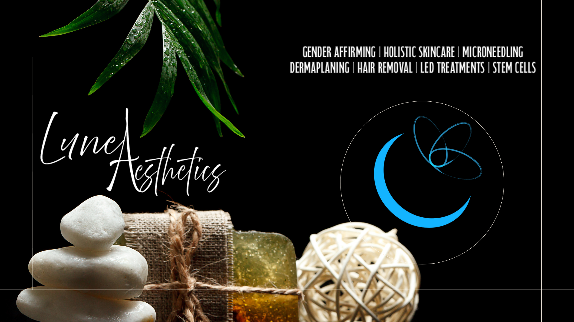 Spa products with stacked stones, a wrapped soap, two soap bars, a white wicker ball, and a green leaf with water droplets on a black background. Text reads 'Lined Aesthetics' and a list of skincare services.
