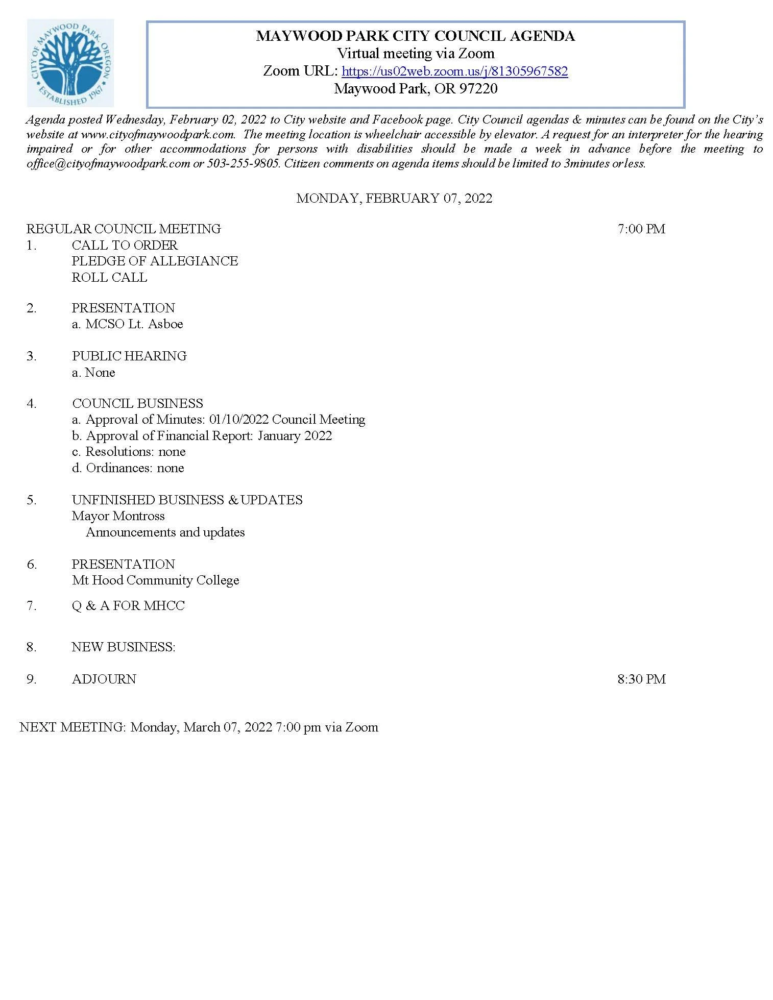 Agenda for City Council Meeting Monday, February 7, 2022 7:00 pm