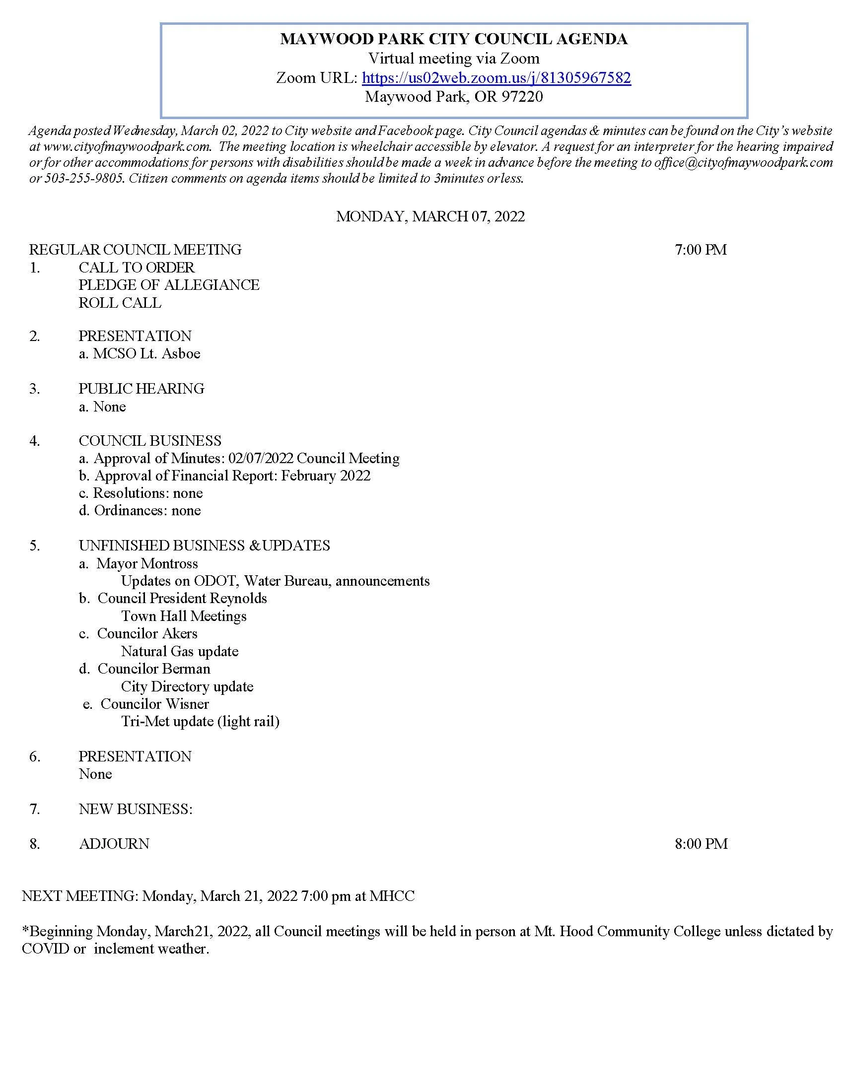 Agenda for City Council Meeting Monday, March 7, 2022 7:00 pm