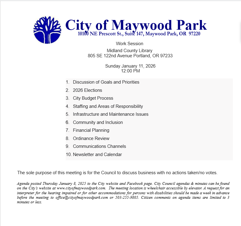 Agenda for Council Retreat             Sunday, January 11, 2026 12:00 pm 