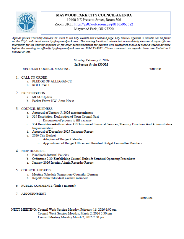 Agenda for City Council Meeting Monday, February 2, 2026 7:00 pm