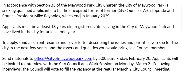 Invitation to apply for appointment to City Council