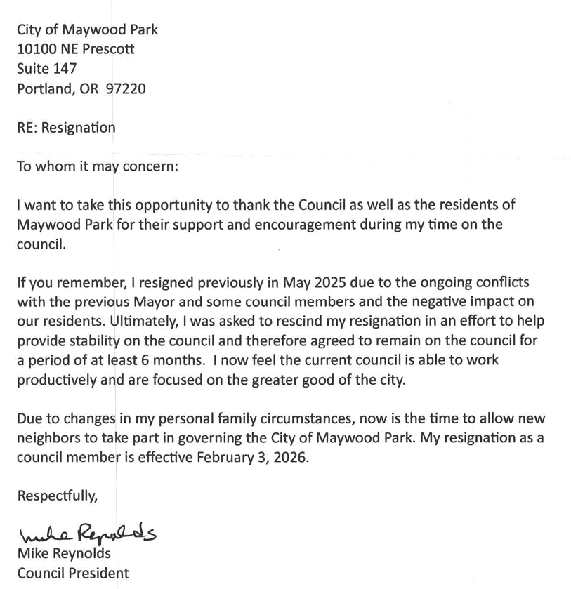 Letter of Resignation from Council President Mike Reynolds