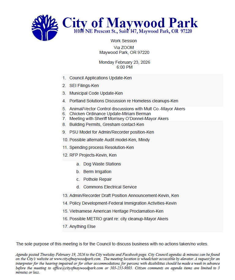 Agenda for Council Work Session Monday, February 23, 2026 6:00 pm
