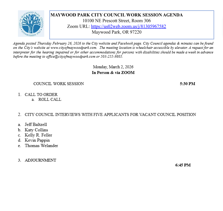 Agenda for Council Work Session Monday, March 2, 2026 5:30 pm