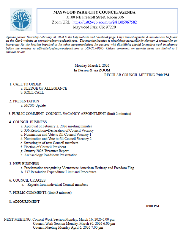 Agenda for City Council Meeting Monday, March 2, 2026 7:00 pm