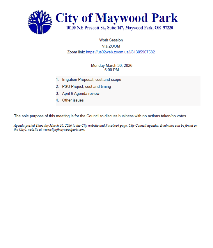 Agenda for Council Work Session Monday, March 30, 2026 6:00 pm