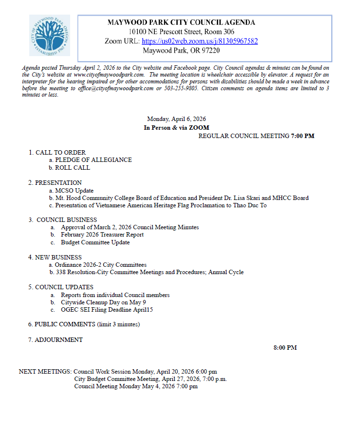 Agenda for City Council Meeting Monday, April 6, 2026 7:00 pm