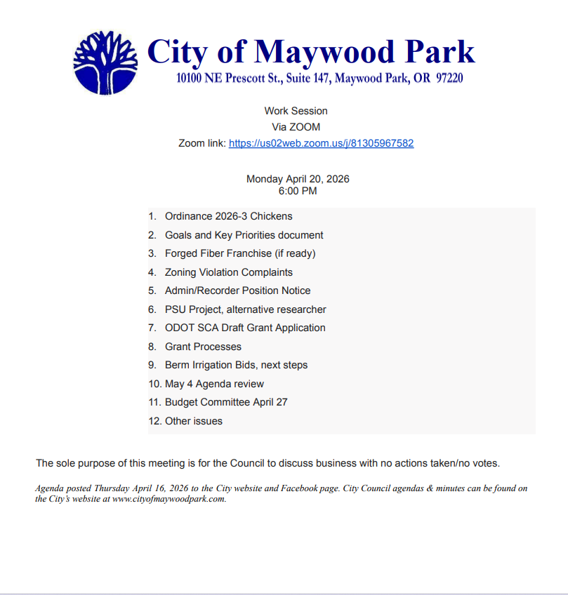 Agenda for Council Work Session Monday, April 20, 2026 6:00 pm