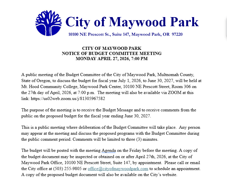 Budget Committee Meeting                  April 27, 7:00 p.m.