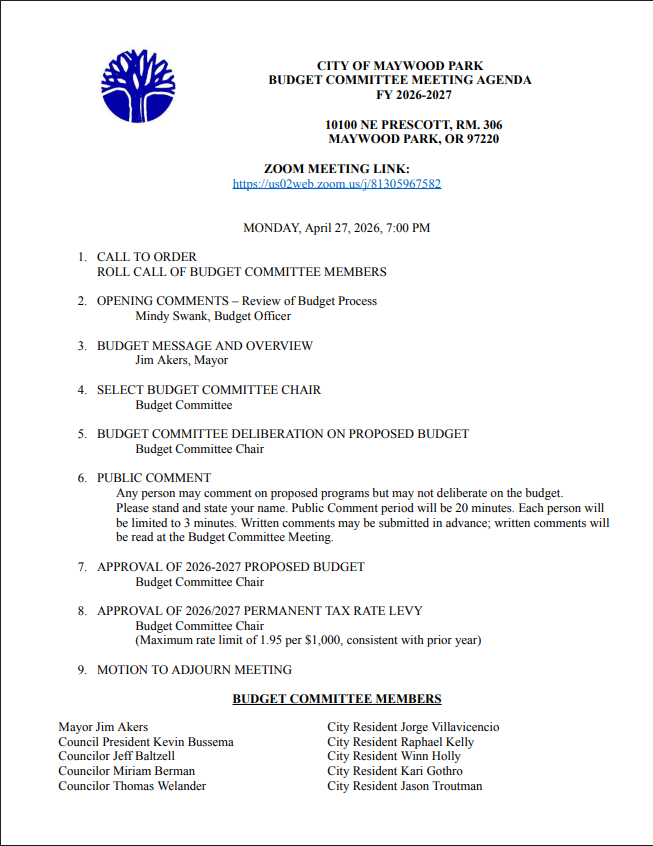 Budget Committee Meeting                  Monday, April 27, 7:00 p.m.