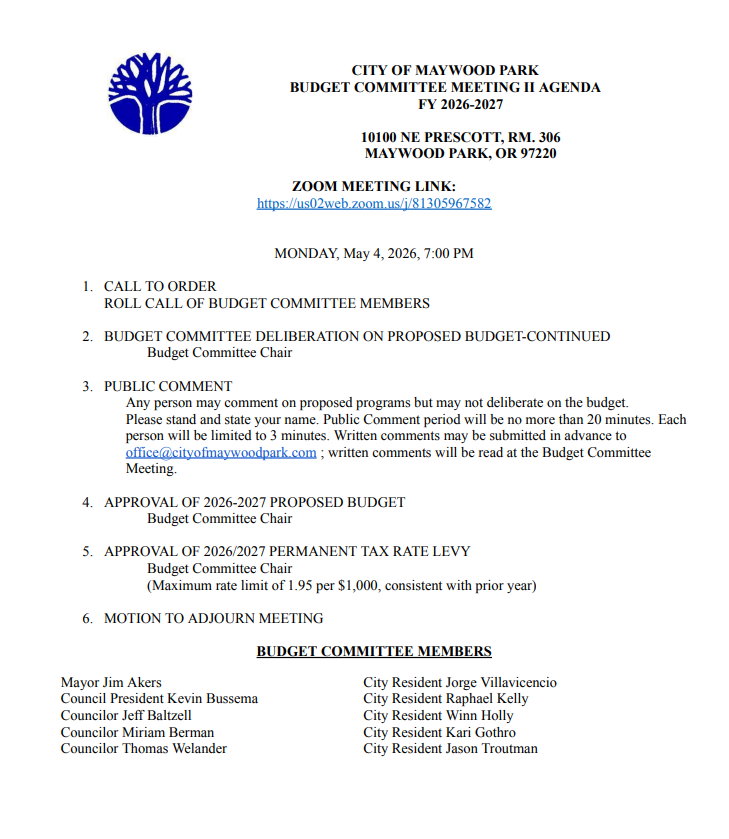 Budget Committee Meeting II Monday, May 4, 7:00 p.m.