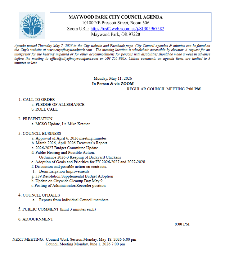 Agenda for City Council Meeting Monday, May 11, 2026 7:00 pm
