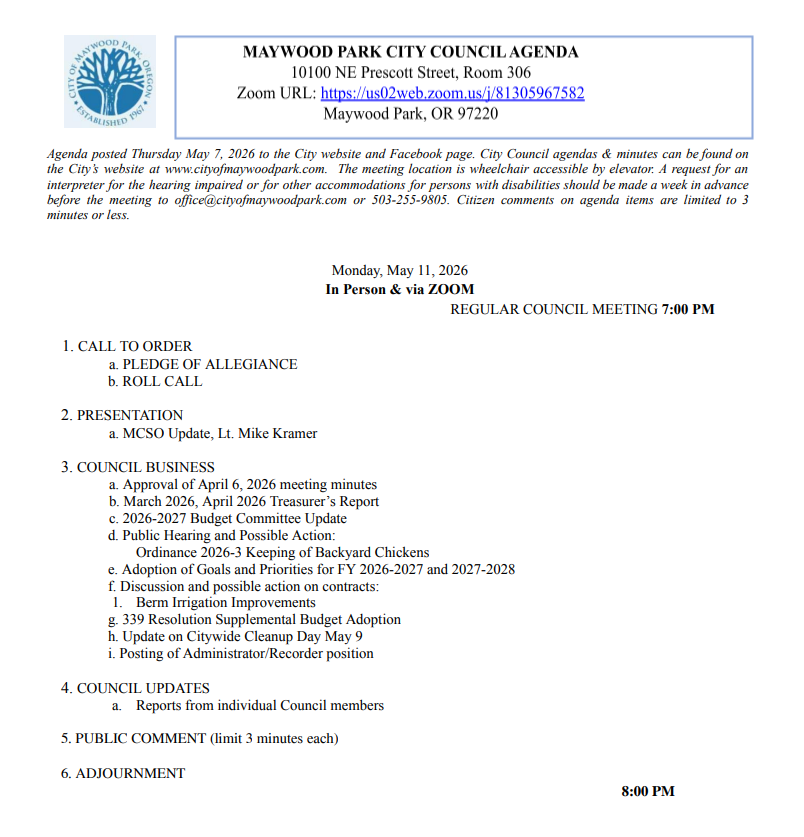 Agenda for City Council Meeting Monday, May 11, 2026 7:00 pm
