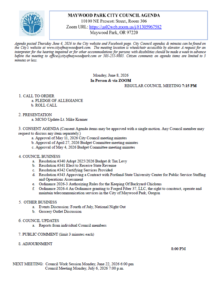 Agenda for City Council Meeting Monday, June 8, 2026 7:15 pm
