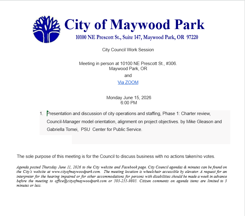 Agenda for City Council Work Session Monday, June 15, 2026 6:00 pm